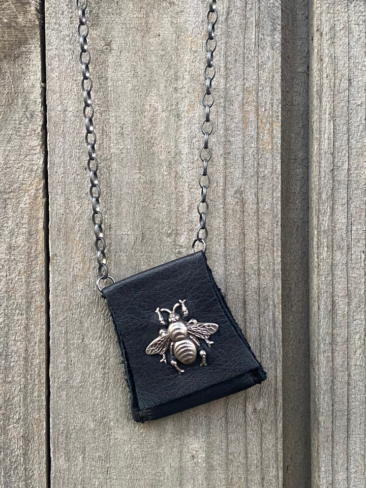 Silver Bee Leather Pouch with Sterling Silver Chain